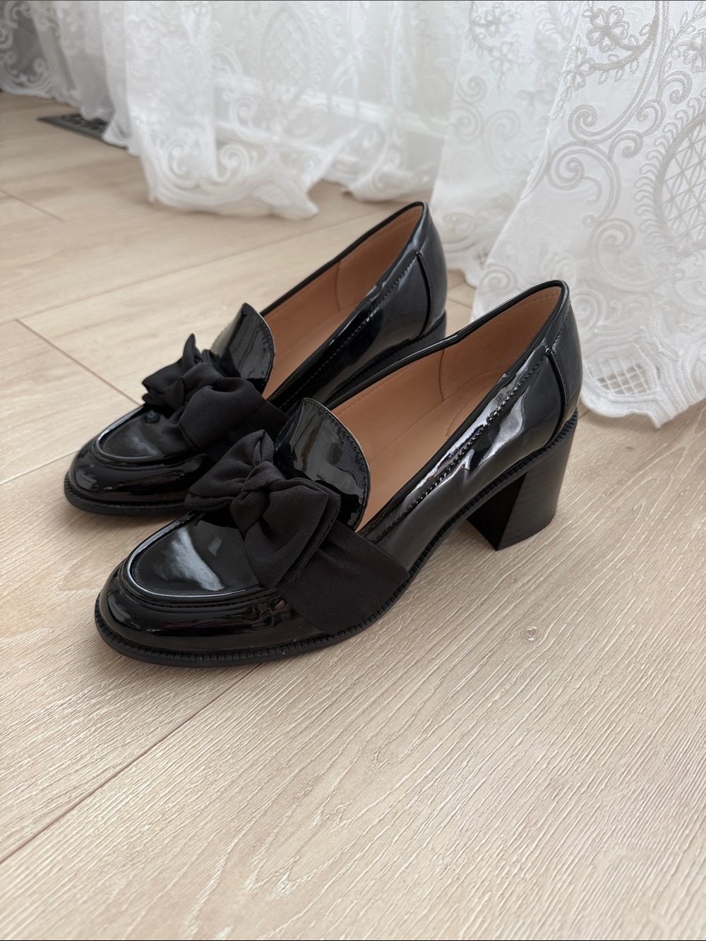 Black Patent Block Heel Loafer with Bow - Women